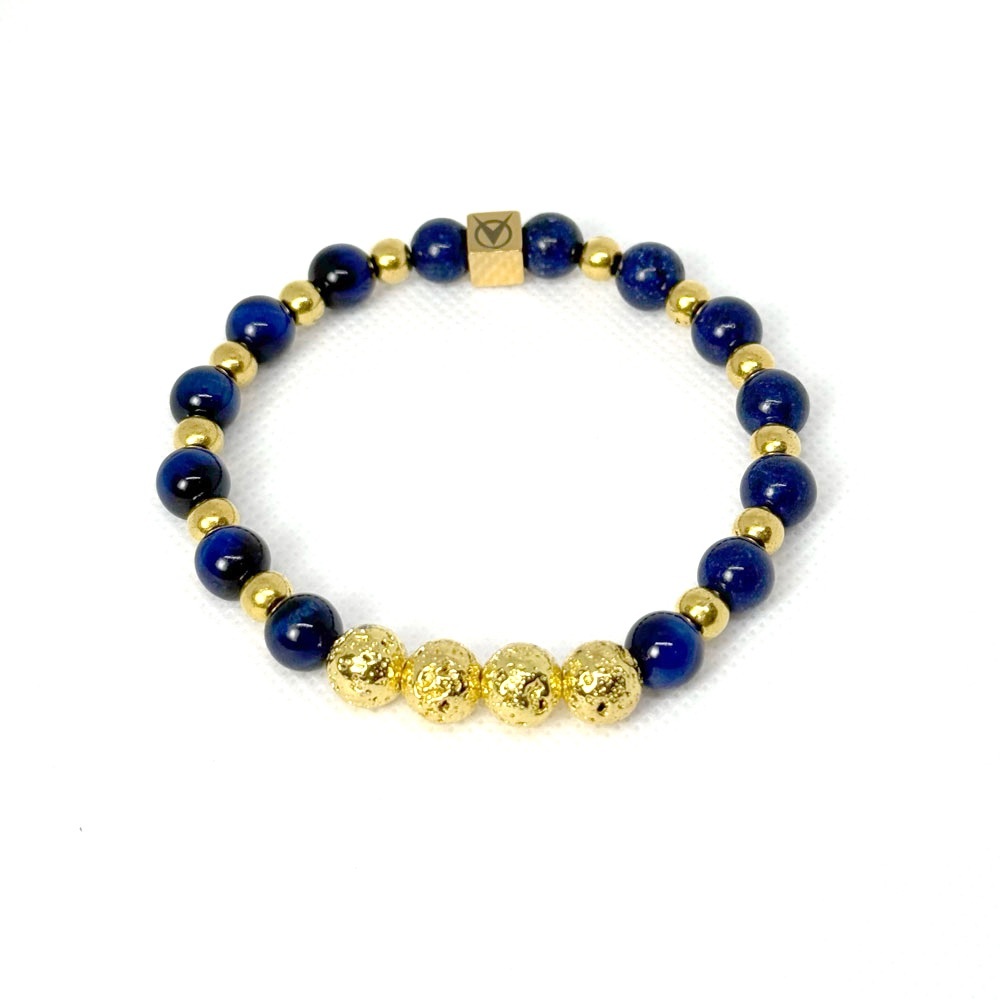 Handmade Lapis Lazuli & Gold Plated Lava Beads Stretch Bracelet - 8" diameter